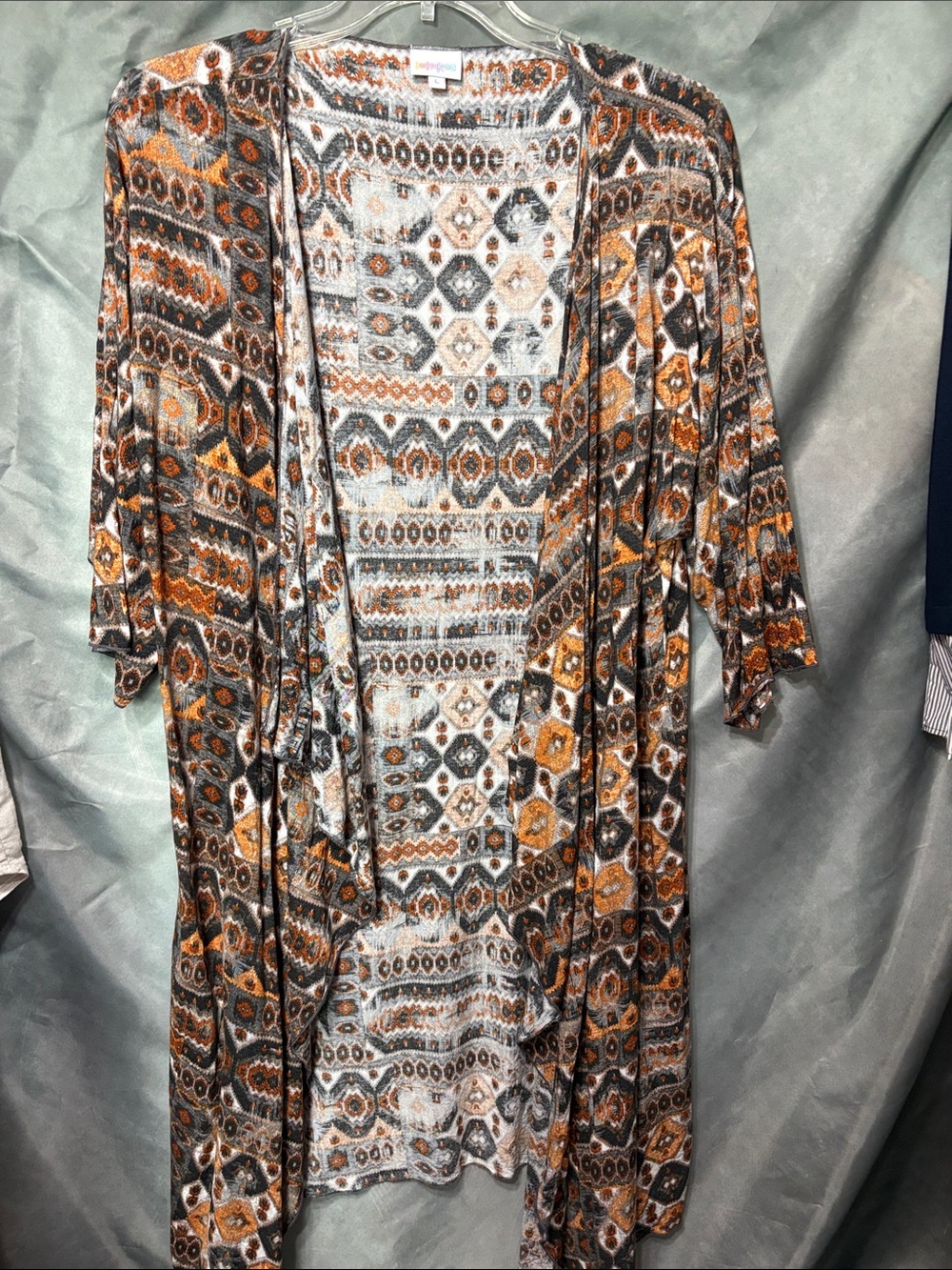 LuLaRoe Open-Front Kimono Cardigan — Orange, Brown & White Gray